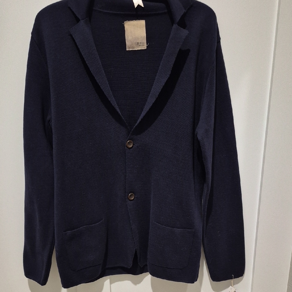 NWT womens Navy 100% Cotton Long Button Cardigan With 2 Front Pockets